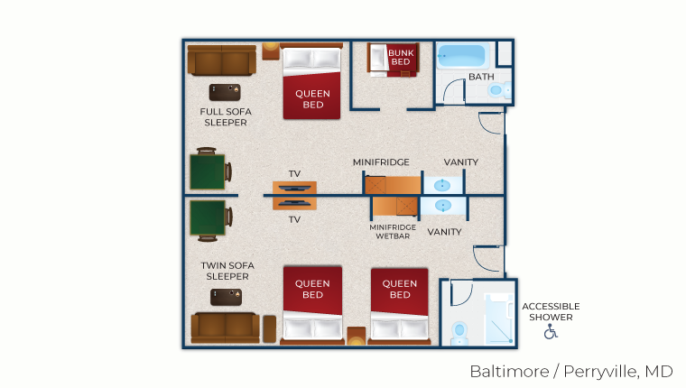 The floor plan for the accessible Deluxe Wolf Pup Den Suite