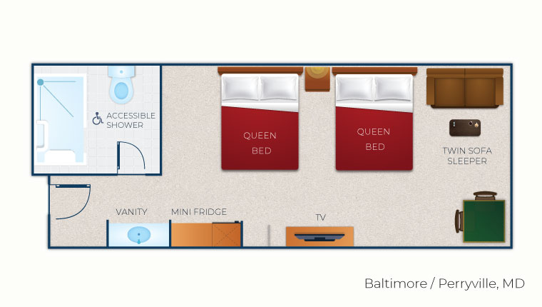 The floor plan for the accessible Deluxe Queen Suite