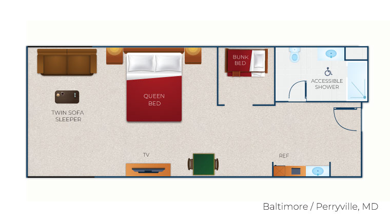 The floorplan of the Wolf Den Suite accessible shower