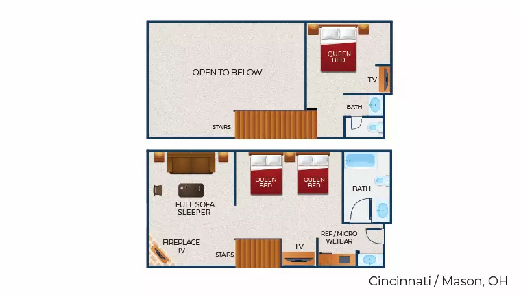 The floor plan for the Loft Fireplace Suite (Balcony/Patio)