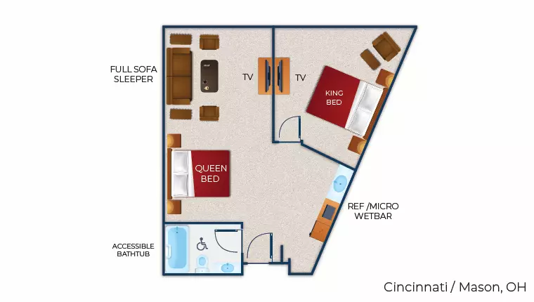 The floor plan for the Royal Bear Suite (Accessible Bathtub )
