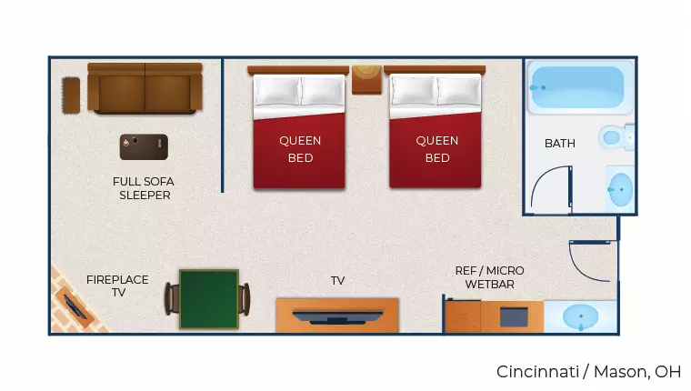 The floor plan for the Family Fireplace Suite (Balcony/Patio)