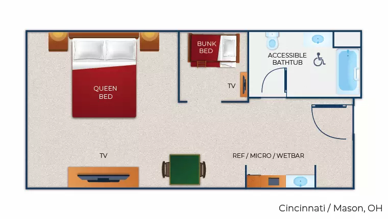 The floorplan for the Wolf Den Suite (Accessible Bathtub)