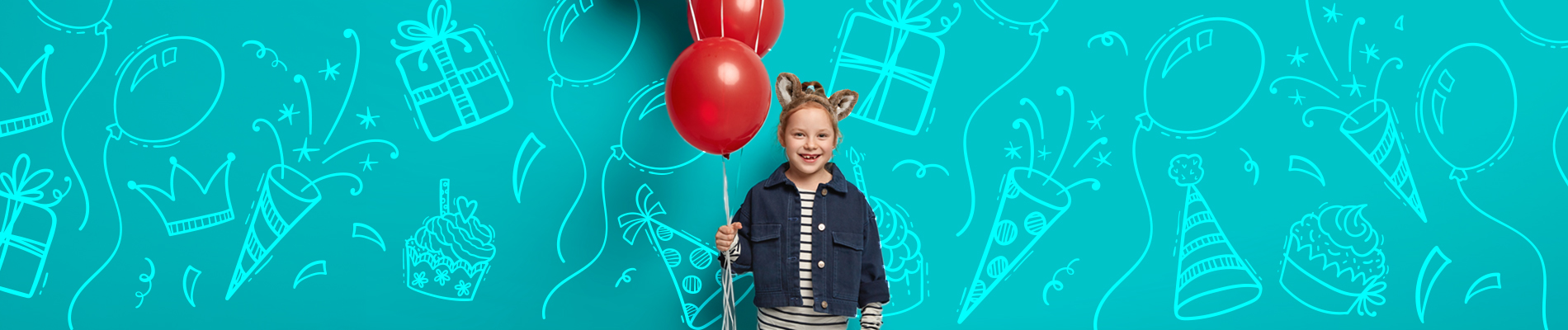 child wearing wolf ears and holding red balloons