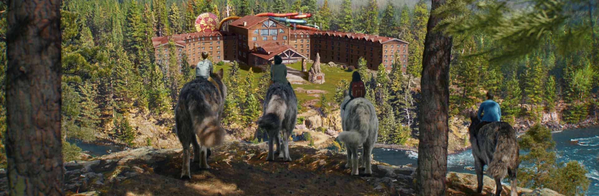 family riding wolves and arriving to the lodge