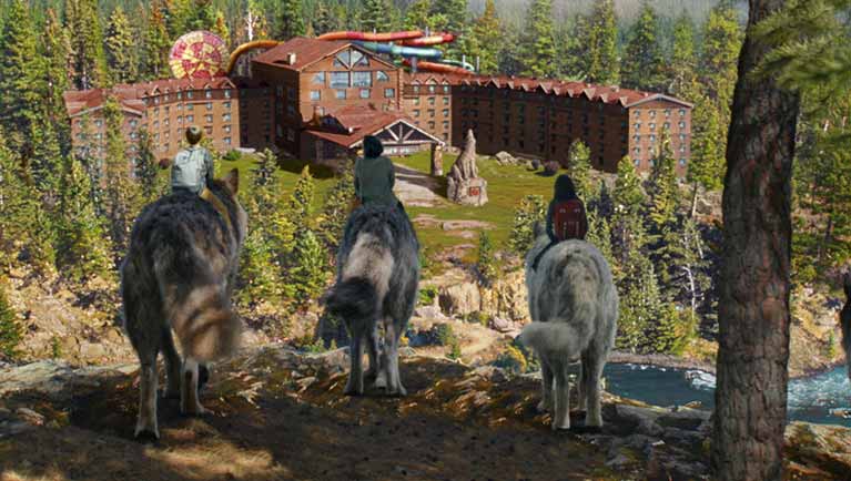 Family riding wolves and arriving at the lodge