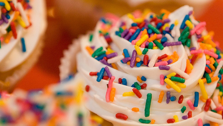 A closeup of ice cream with sprinkles from Bear Claw Cafe at Great Wolf Lodge indoor water park and resort.