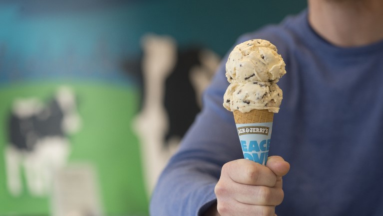 A waffle cone of Ben & Jerry's ice cream 