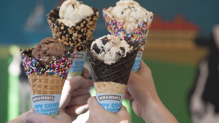 A boy smiles as he looks over the Ben & Jerry's ice cream selection 