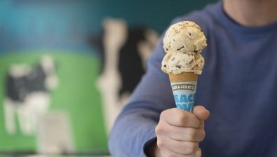 A waffle cone of Ben & Jerry's ice cream