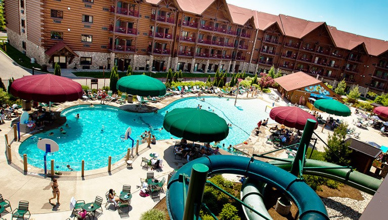The outdoor water park area including a pool and more at Crazy Loon at Great Wolf Lodge indoor water park and resort..
