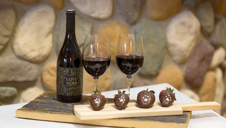 Chocolate covered strawberries and wine available at Great Wolf Lodge indoor water park and resort.