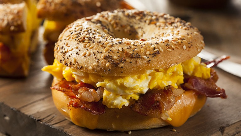 A breakfast bagel sandwich