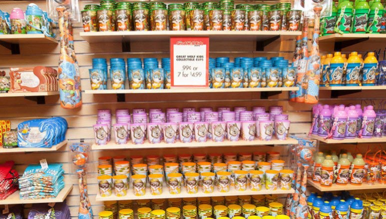 Shelves of cups and other souvenirs 