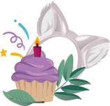 illustration of wolf ears, birthday cupcake and foliage 