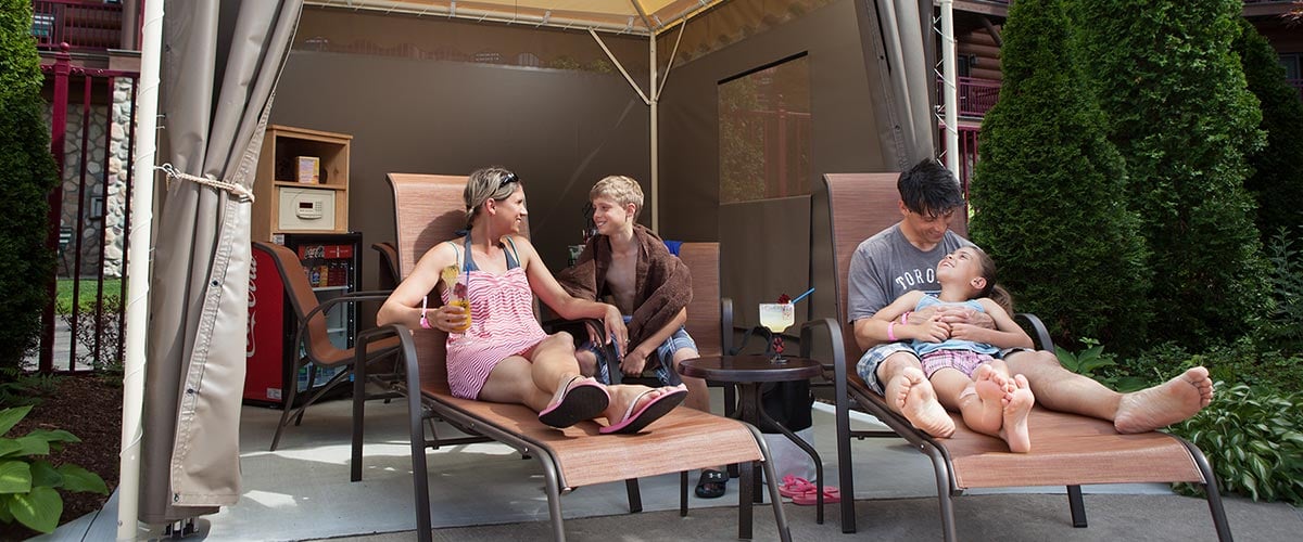 The outdoor cabanas at Great Wolf Lodge indoor water park and resort.