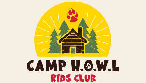 Brown and red logo with illustration of sun with a cabin, trees and paw print in the middle 