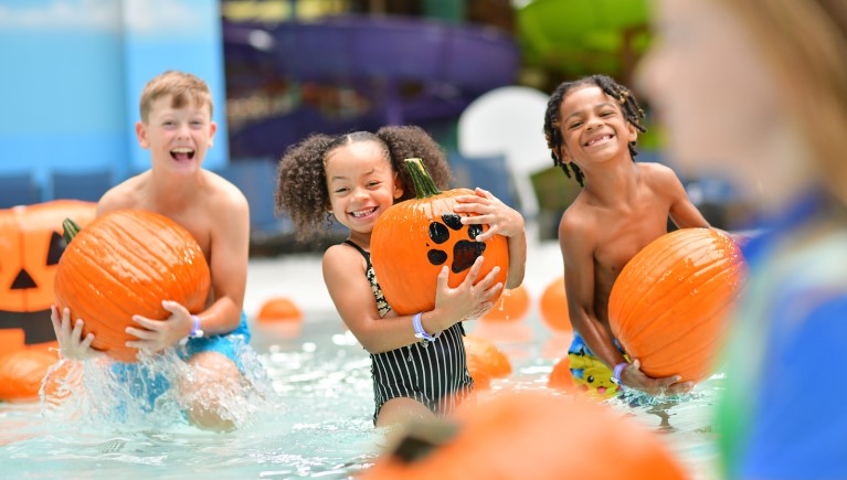 children playing with pumpkins in pool