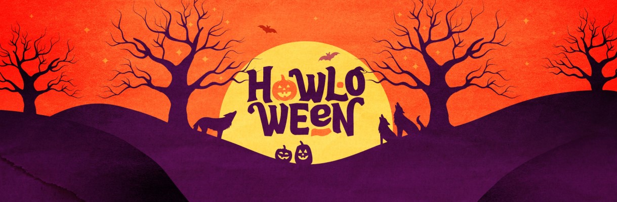 illustration on orange background with yellow stars and black bats and wolves for halloween