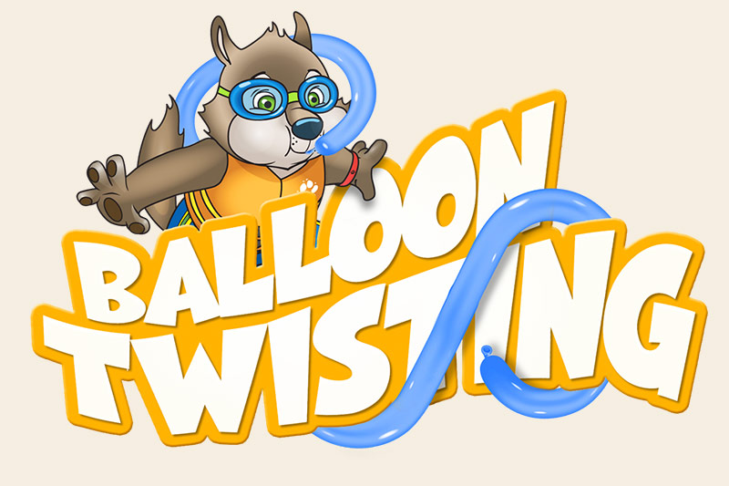illustration of logo in yellow and white with a character blowing up a balloon