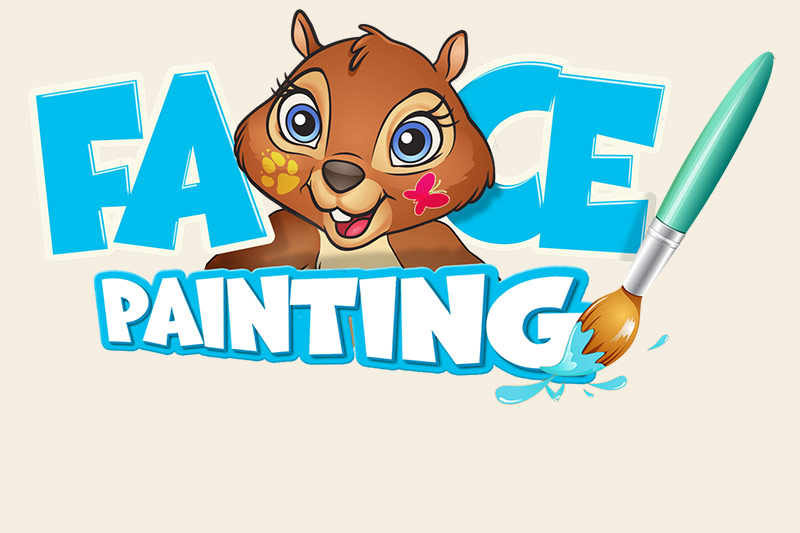 illustration of logo in blue and white with a paint brush and orignal character