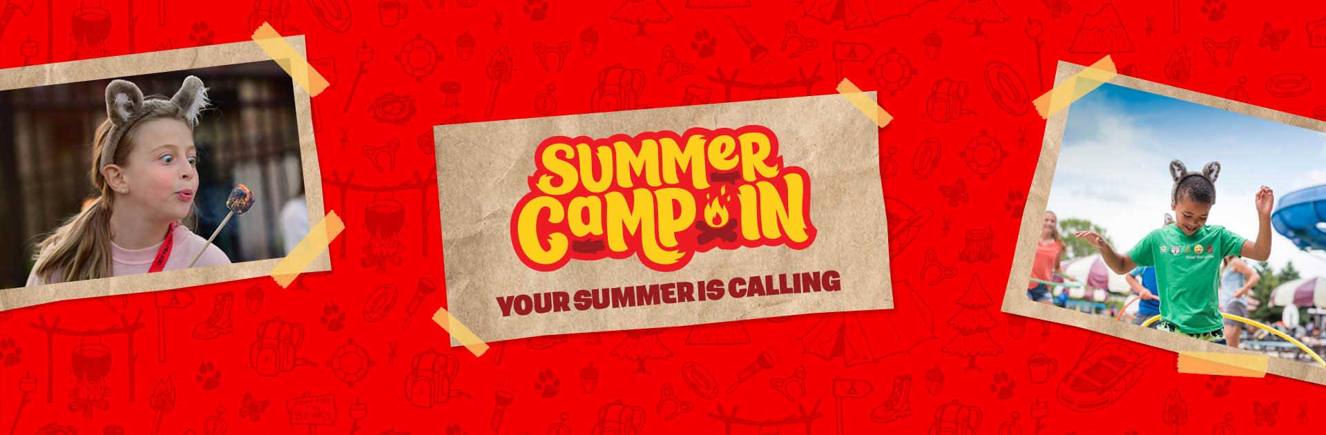 3 scrapbook like pictures on a red background with summer camp-in logo