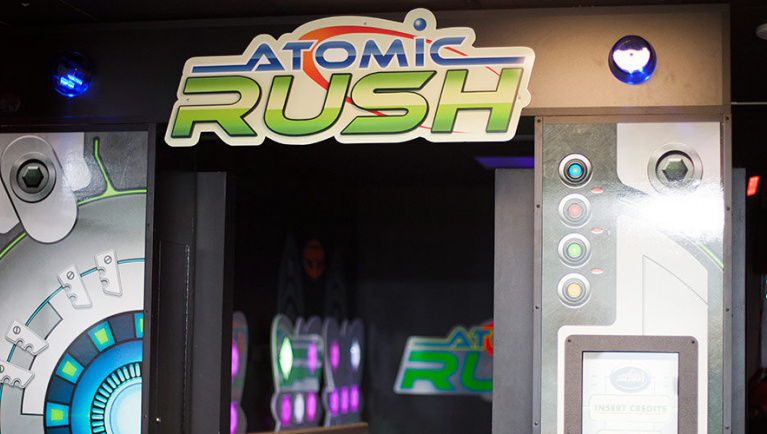 The entrance to AtomicRUSH at Great Wolf Lodge indoor water park and resort.