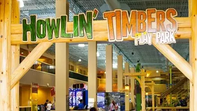 The entrance to Howlin' Timbers Play Park at Great Wolf Lodge indoor water park and resort.