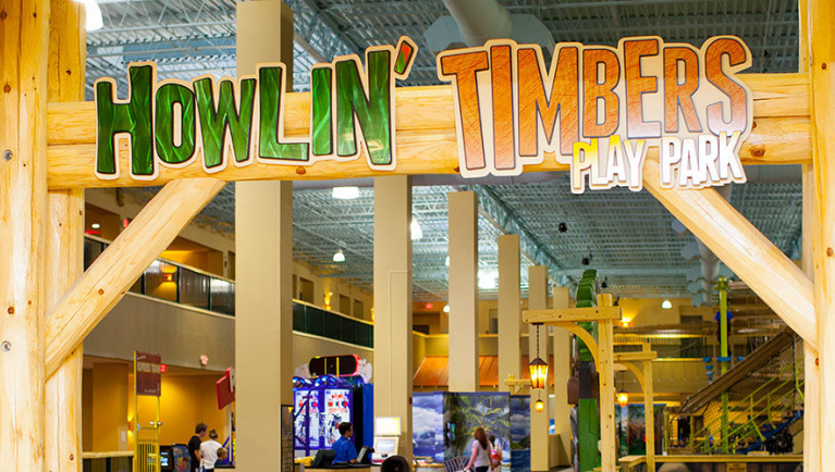 The entrance to Howlin Timbers Play Park at Great Wolf Lodge indoor water park and resort.
