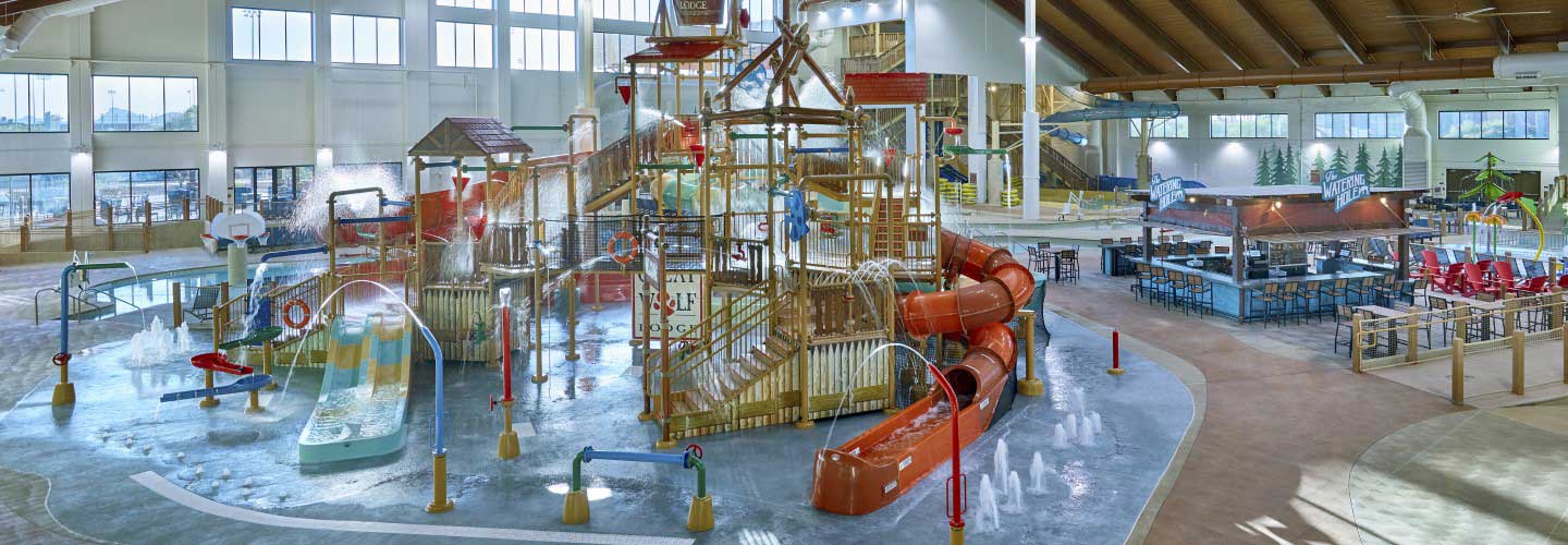 wide angle view of jungle gym activities of indoor water park