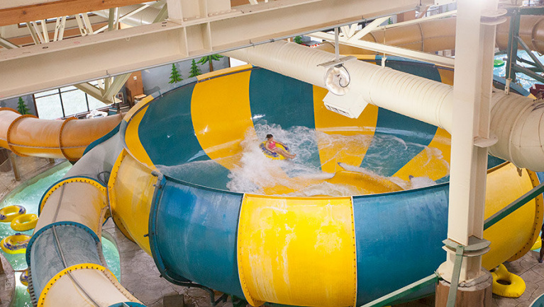 An aerial view of the Coyote Cannon ride at Great Wolf Lodge indoor water park and resort.
