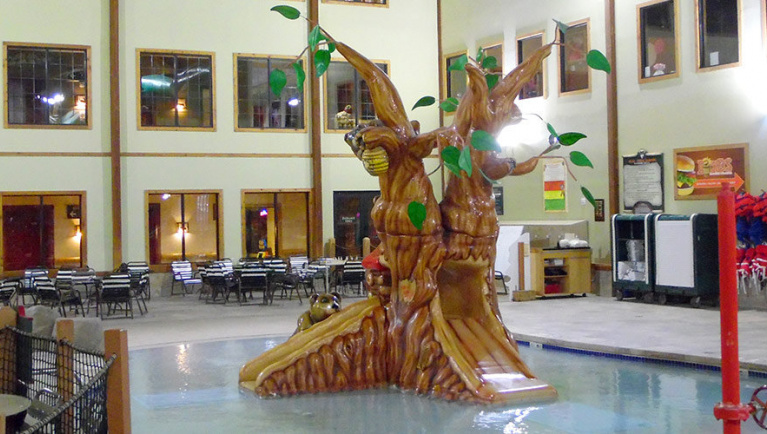 The Soak 'n' Oak tree and pool at Great Wolf Lodge indoor water park and resort.
