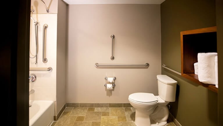 The bathroom in the Deluxe Bunk Bed Accessible Bathtub Suite