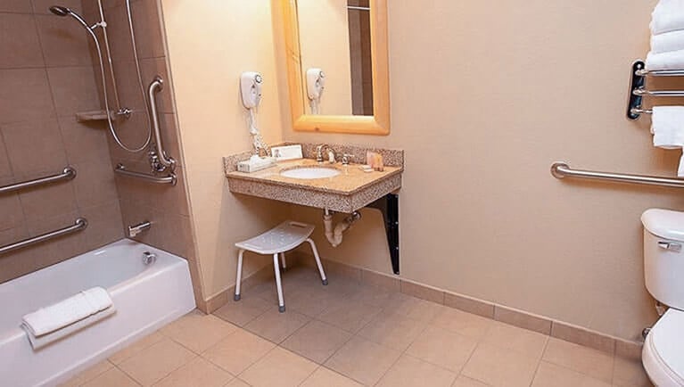 The accessible bathroom in the Grand Royal KidCabin Suite