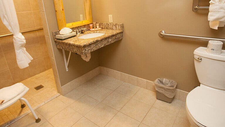 The bathroom in the Accessible Queen Sofa Suite at Great Wolf Lodge Niagara Falls, ON.