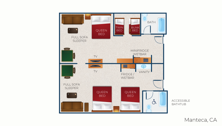 The floorplan for the accessible Deluxe KidCabin Suite at Great Wolf Lodge San Francisco / Manteca, CA ndoor water park and resort.