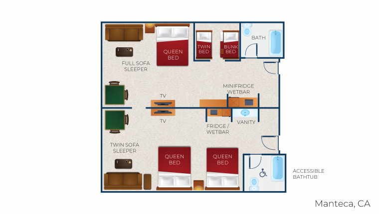 The floorplan of the Deluxe KidCabin Queen Suite