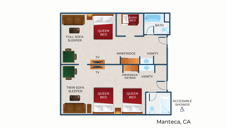 The floor plan for the accessible Deluxe Queen Suite