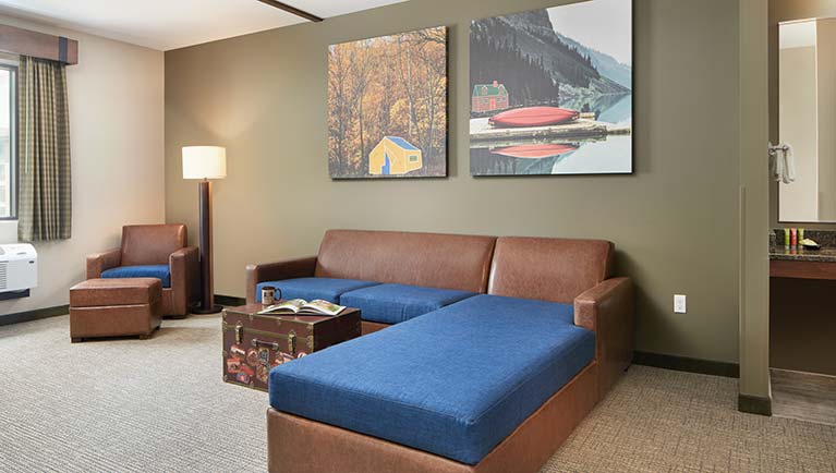 The sofa in the accessible Grizzly Bear Suite