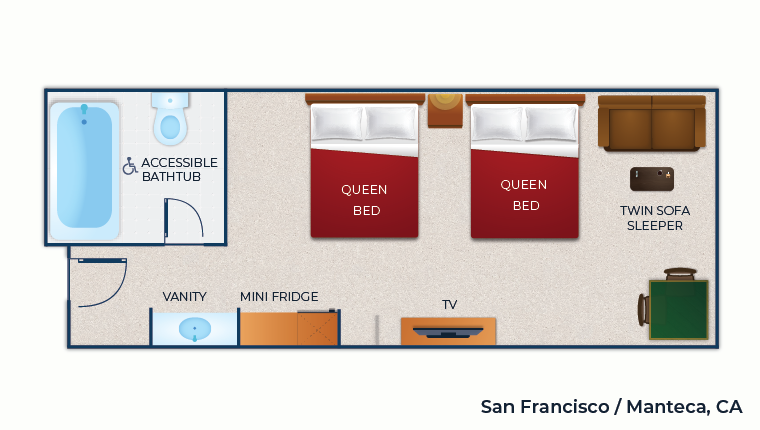 The floor plan for the accessible Deluxe Queen Suite