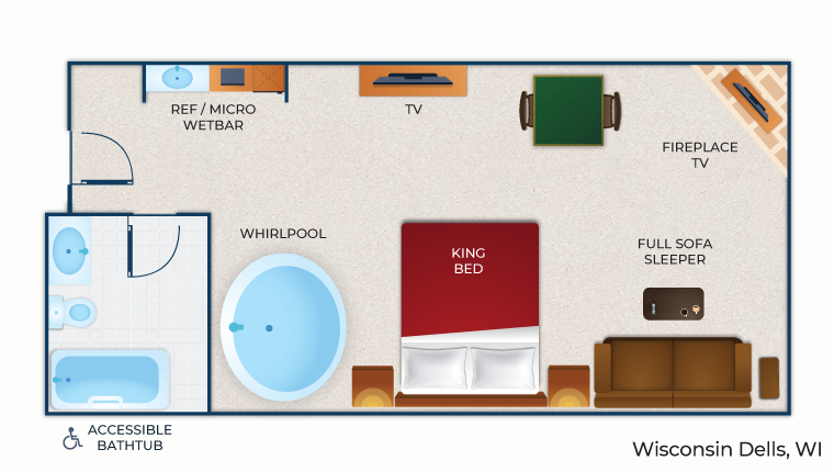 The floor plan for the Whirlpool Fireplace Suite