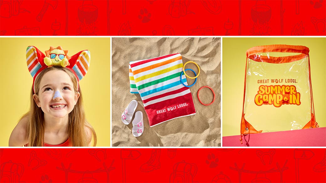 3 shot containing a girl with Great Wolf decorative ears, towel and see-through tote included in the Summer Camp-In package