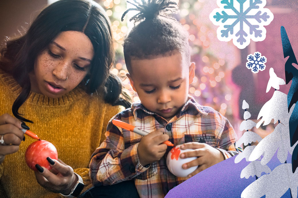 mom and son painting Christmas decorations