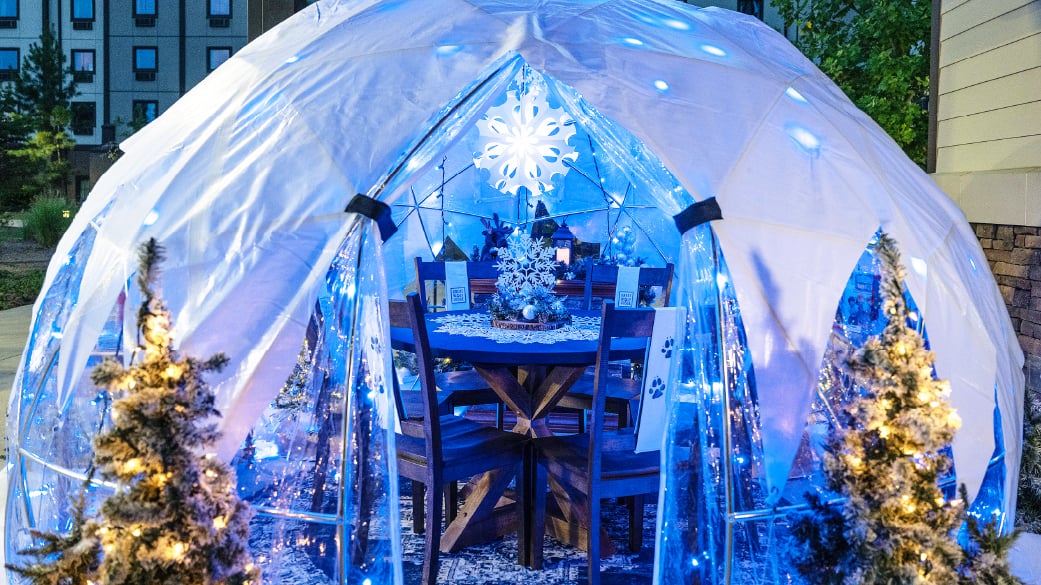 Snow Globe illuminated at night at Great Wolf Lodge
