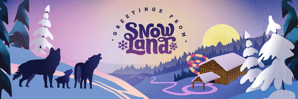 snowland and tree background with illustrations of 3 wolves howling