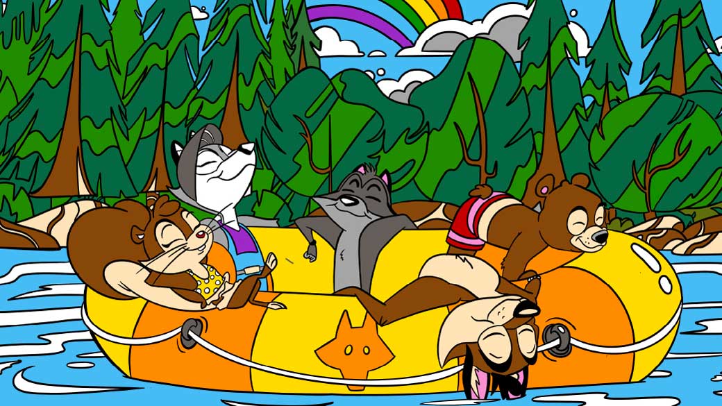 toon characters riding a tube on water