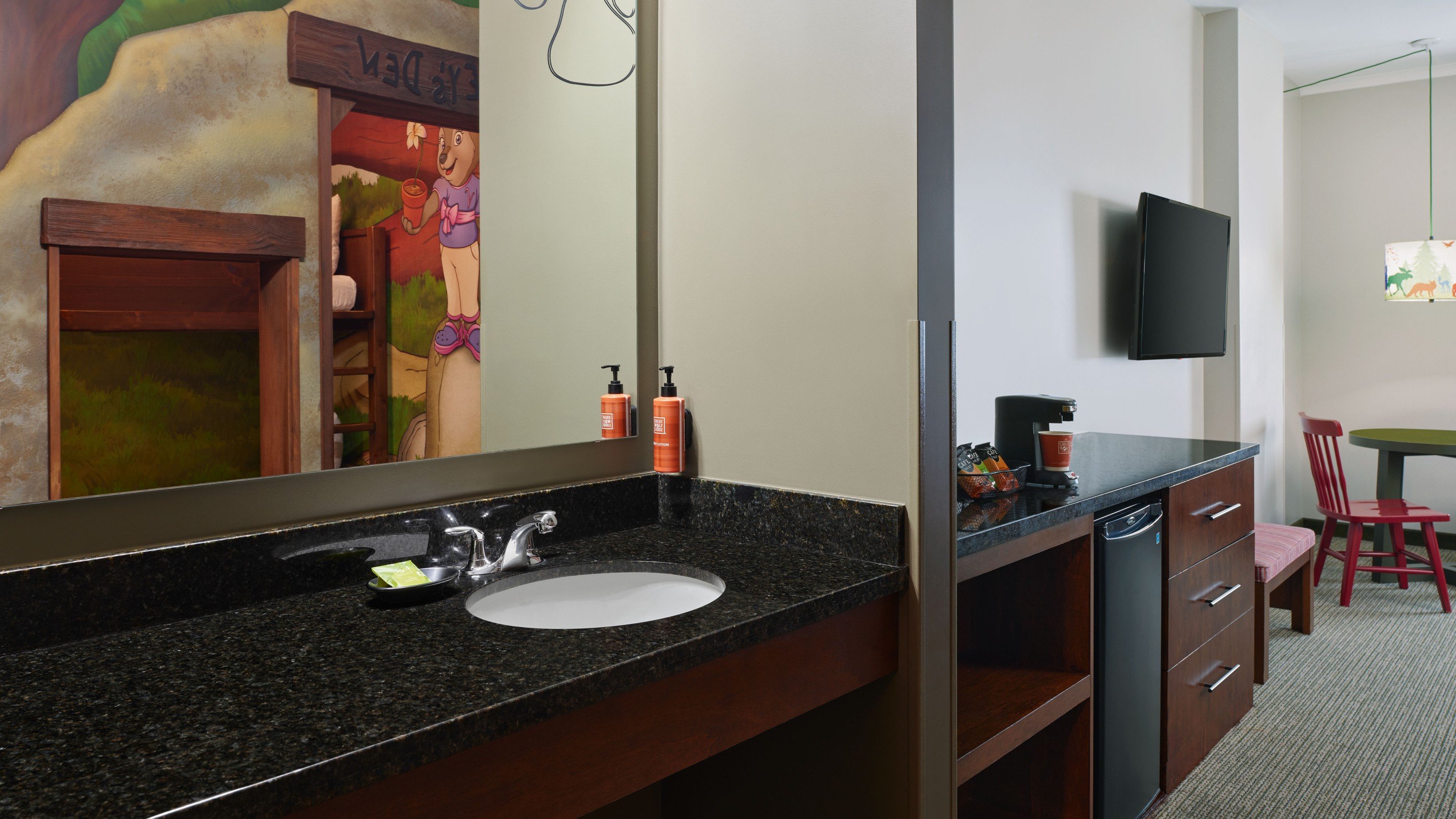 Vanity area in the Family Wolf Den suite