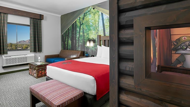The bed and sofa in the KidCabin Suite