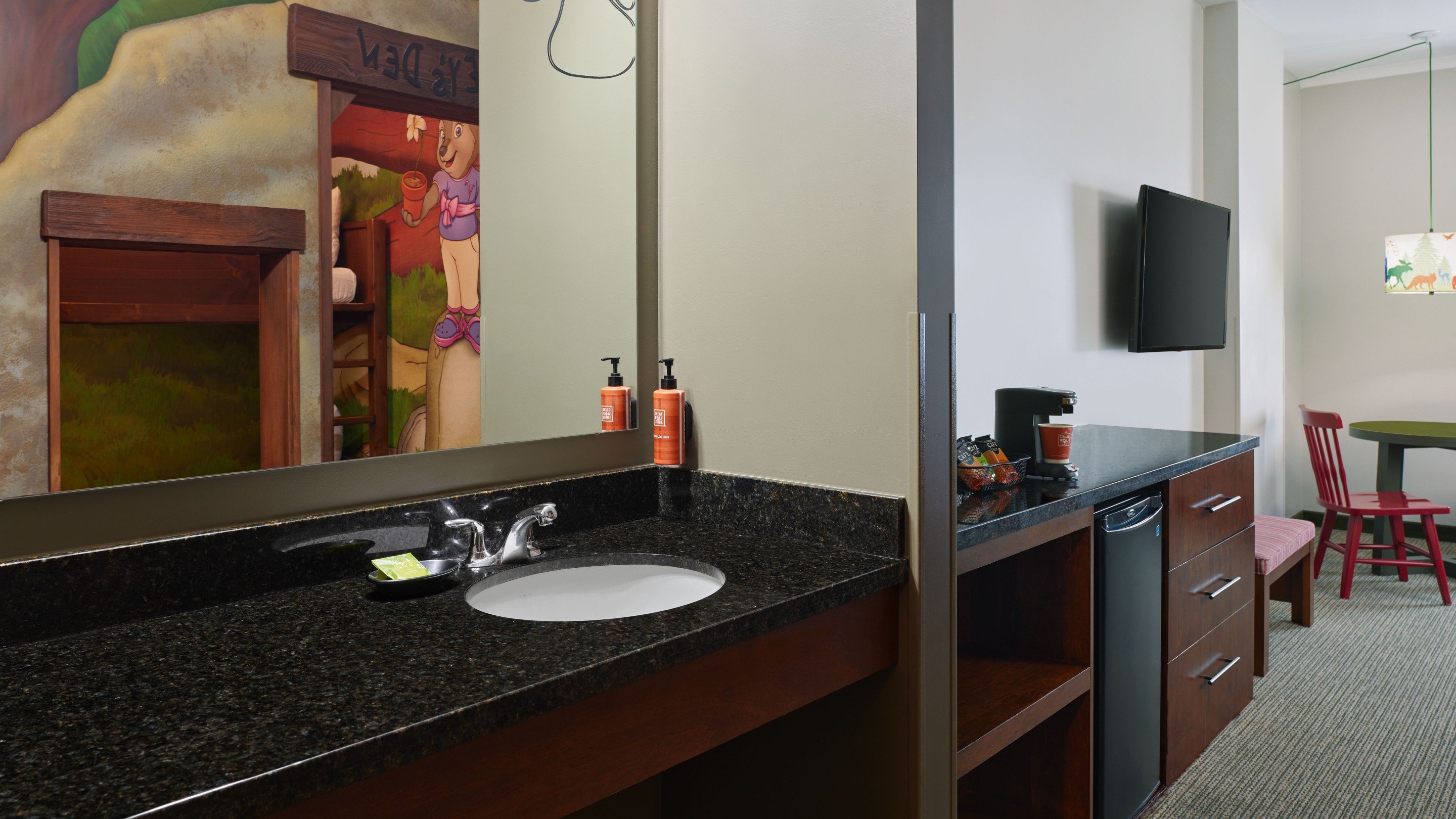 Vanity area in the Wolf Den suite