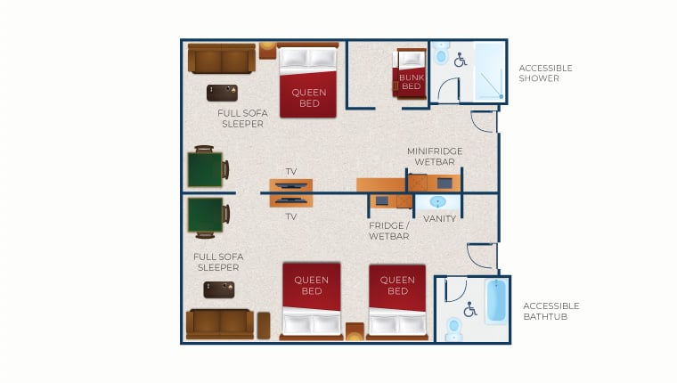 The floorplan of the Deluxe KidCabin Suite Accessible Shower